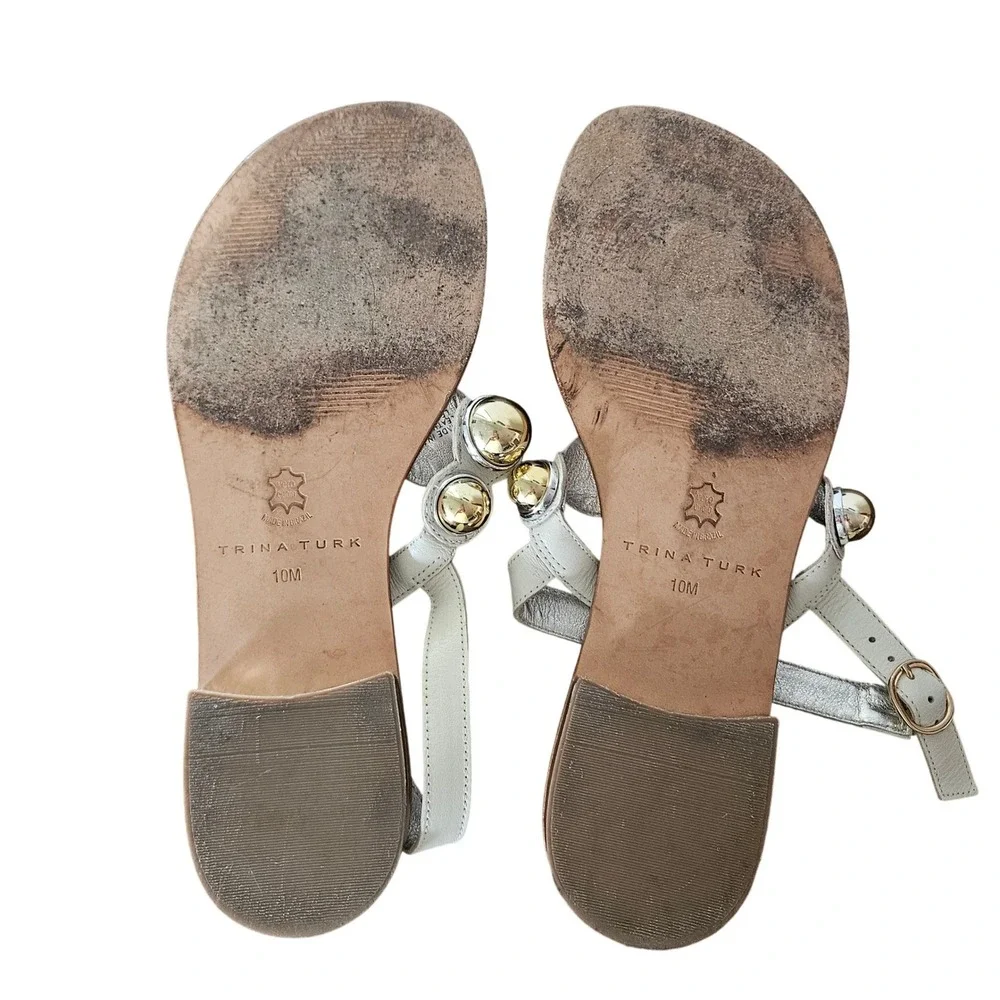 Trina Turk Womens 10M Gold Orb Embellished Leather T-Strap Thong Sandals Silver